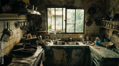 Kitchen in a state of extreme dirt and unhygienic conditions photo