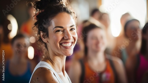 Yoga teacher in colorful studio with playful poses and fun