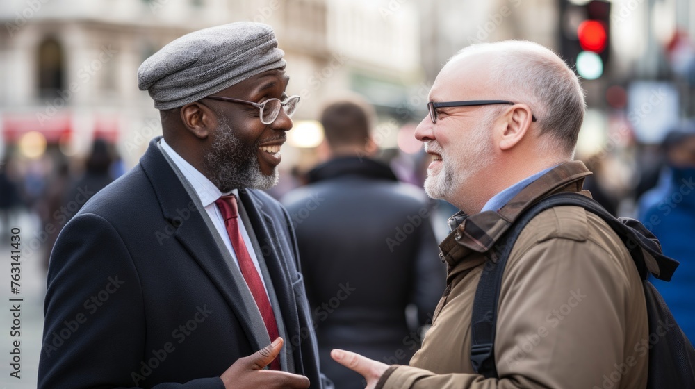 Politician conversing with constituent in city showing grassroots engagement Politician conversing with constituent in city showing grassroots engagement
