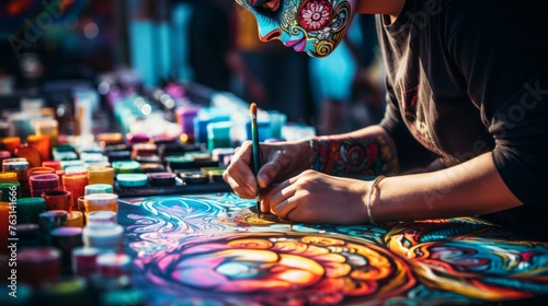 Colorful paintings at artist's market stall showcasing artistic diversity and expression