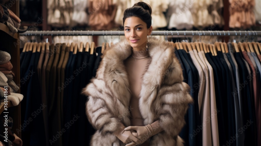Chic fur designer with sumptuous creations high-end garments in background