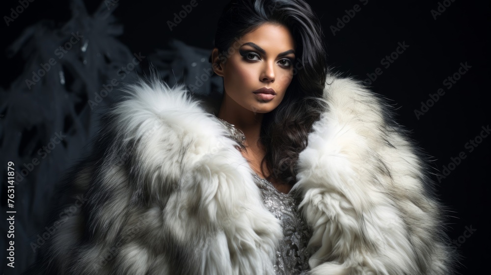 Fashion model in fur ensemble backdrop of colorful fur garments exudes elegance Fashion model in fur ensemble backdrop of colorful fur garments exudes elegance