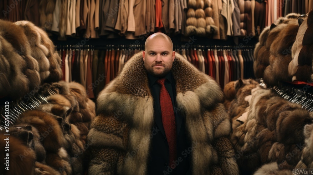 Manager in fur boutique with coats of various styles providing customer options Manager in fur boutique with coats of various styles providing customer options