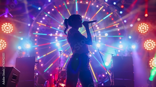 Captivating Female Singer Performing on Festive Stage with Ferris Wheel Background