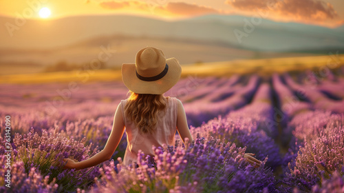 A stylish woman in a hat enjoys a leisurely walk through a vibrant lavender field in the warm European summer sun