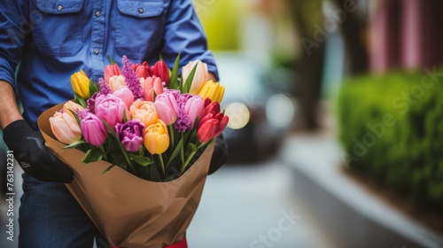 Bouquet delivery vibrant colors and surprise anticipation emphasized