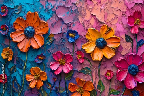 A vibrant texture of acrylic paint flowers in a rich  expressive pattern