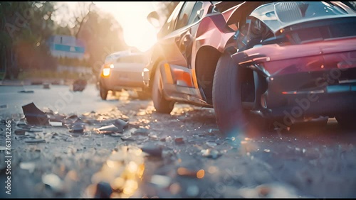 Road accident scene with a damaged car.