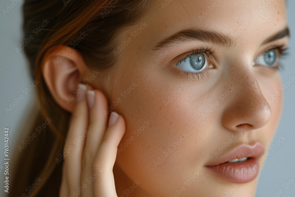 Portrait of a young woman with freckles touching her ear with her hand in natural light Portrait of a young woman with freckles touching her ear with her hand in natural light