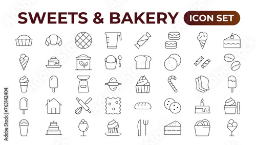 Sweets & Bakery icon set. Food icon collection. Containing meal, restaurant, dishes, and fruit icons. Set of outline icons related to food and drink. Linear icon collection. Outline icon collection.
