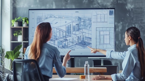 Architects point at screen showing building plan. Two businesswomen engaging with architectural plans on a digital screen in a sleek office
