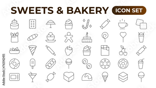 Sweets & Bakery icon set. Food icon collection. Containing meal, restaurant, dishes, and fruit icons. Set of outline icons related to food and drink. Linear icon collection. Outline icon collection.