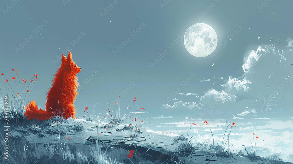 In a minimalistic cosmic scene, a cute red dog sitting alone gracefully under the moon, embodying serene charm. - obrazy, fototapety, plakaty 