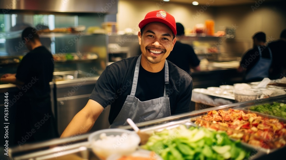 Fast-food restaurant cashier assembles order showcasing colorful condiments