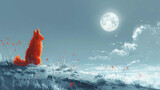 In a minimalistic cosmic scene, a cute red dog sitting alone gracefully under the moon, embodying serene charm.