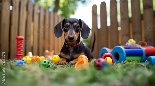 Trainer instructs Dachshund puppy in sitting surrounded by toys in backyard