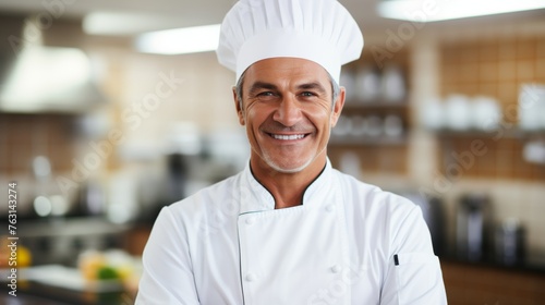 Professional chef working in a bright white kitchen with copy space on blurred background