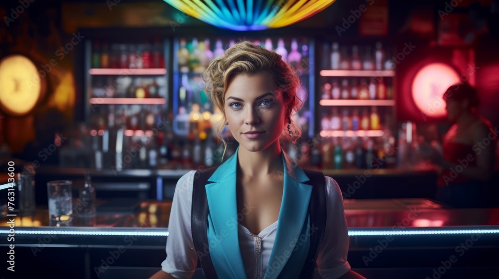 Female barman in urban speakeasy shakes colorful cocktail neon lights around Female barman in urban speakeasy shakes colorful cocktail neon lights around