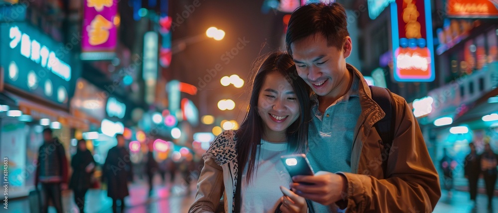 Asian Newlyweds Enjoying Night Out: Romantic Stroll & Travel Planning