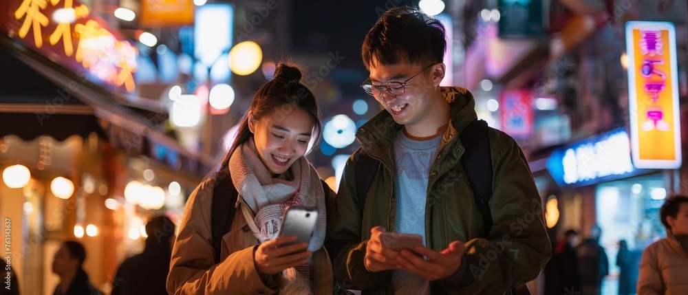 Asian Newlyweds Enjoying Night Out: Romantic Stroll & Travel Planning Asian Newlyweds Enjoying Night Out: Romantic Stroll & Travel Planning