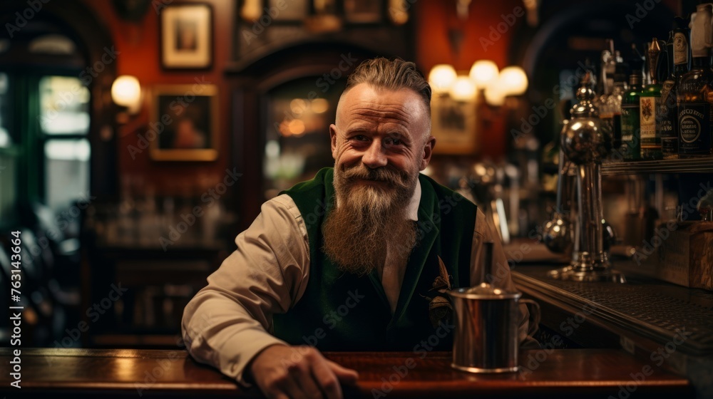 Irish pub barman layers Irish coffee cozy ambiance with rich wood and fireplace