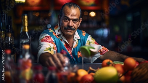 Spicy margarita creation in Mexican bar bartender amid colorful fiesta ambiance