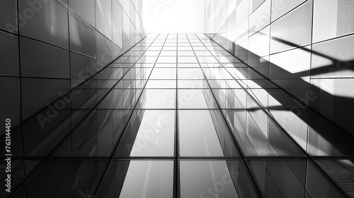 Modern glass architecture featuring reflections and high contrast light and shadows