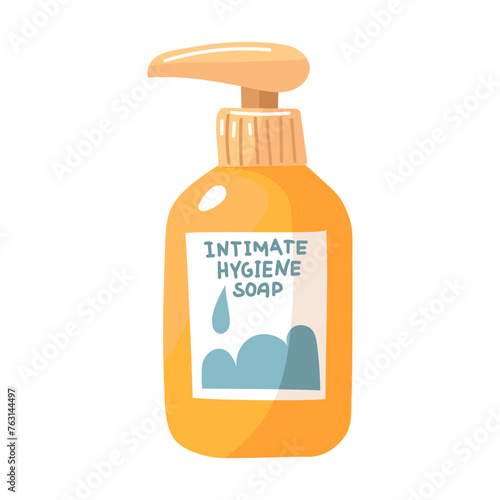 Liquid soap for intimate hygiene flat. Feminine hygiene gel in a bottle with a pump and dispenser. Gynecological cosmetic liquid for body care. Flat vector illustration isolated on a white background