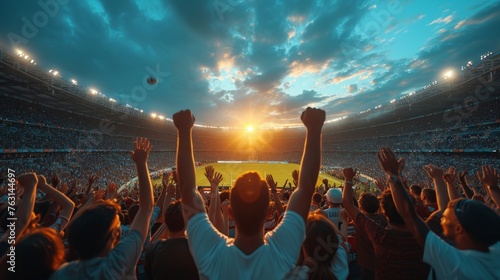 Vibrant soccer stadium crowd cheering with hands raised as the sun sets in the background