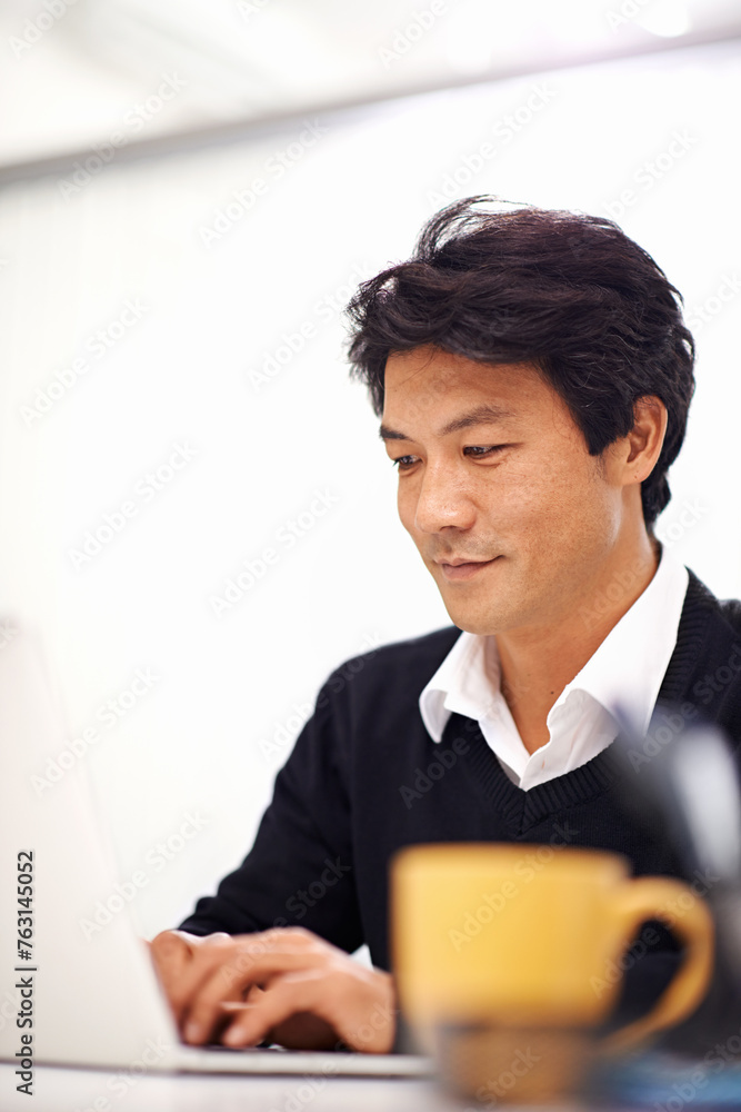 Professional, laptop and asian business man in office for communication, chat or email. Corporate, entrepreneur and Japanese male employee with technology for internet, website and planning Professional, laptop and asian business man in office for communication, chat or email. Corporate, entrepreneur and Japanese male employee with technology for internet, website and planning