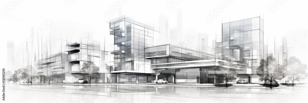 3D illustration architecture building construction perspective design,abstract modern urban building line drawing.