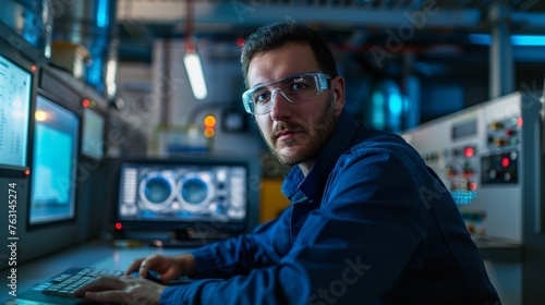 Male Technician Programming CNC Machine in Factory Control Room