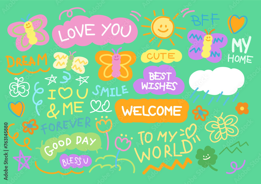 Hand written texts such as love you, welcome, best wishes, good day for font, typography, letters, campaign badges, logo, icon, shirt print, patches, picnic, nature, garden, spring, summer, sticker