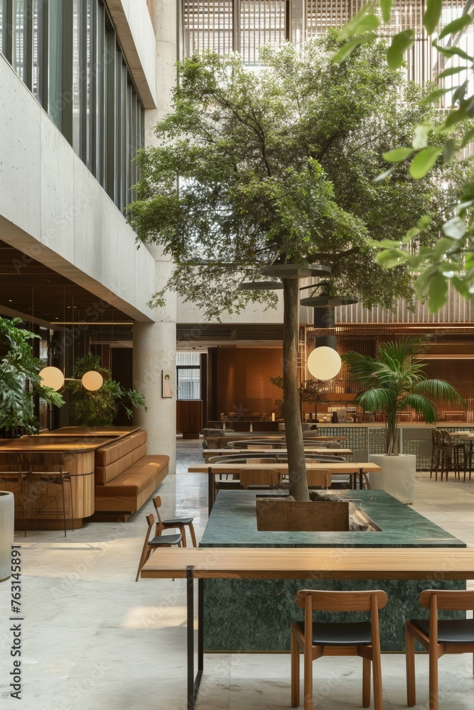 Tree integrated into sustainable building design. A modern eco-friendly building with a tree in the center that provides natural tranquility among the wooden and green furniture