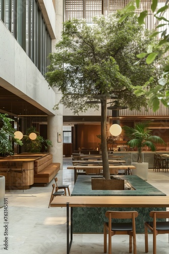 Tree integrated into sustainable building design. A modern eco-friendly building with a tree in the center that provides natural tranquility among the wooden and green furniture © Vuk