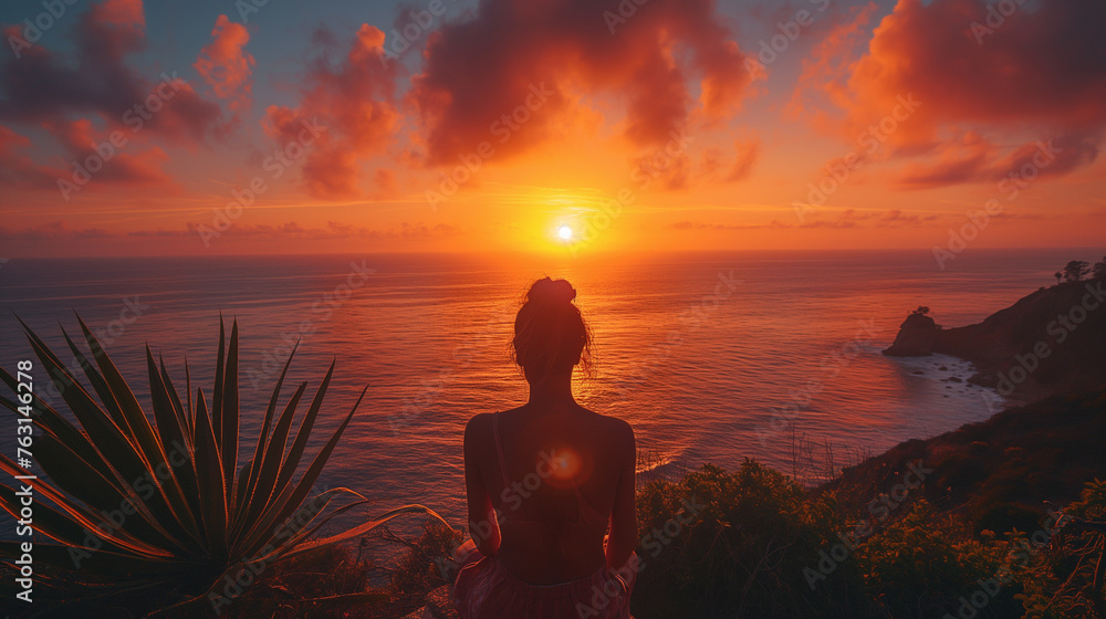 Photo taken from behind of a woman watching the sunset. Panoramic landscapes photography