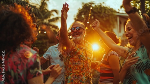 LGBTQ Friends Celebrating with Carefree Dancing in Sunset Garden Party