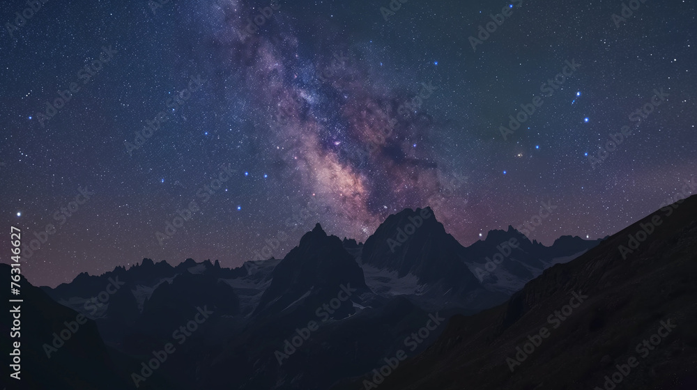 The Milky Way Galaxy Moving In Night Sky Over The Mountain Range On A Background. Landscapes photography