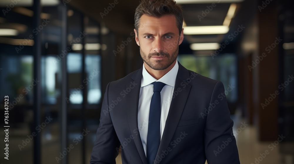 Portrait of a professional man in a suit standing in a modern office. Young business man looking at the camera in a workplace meeting area Portrait of a professional man in a suit standing in a modern office. Young business man looking at the camera in a workplace meeting area