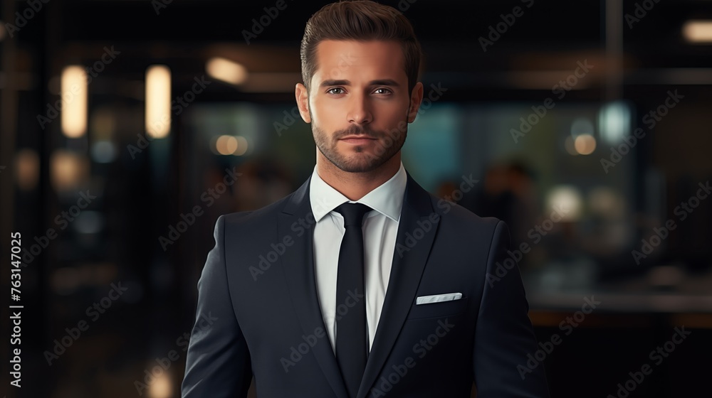 Portrait of a professional man in a suit standing in a modern office. Young business man looking at the camera in a workplace meeting area. Portrait of a professional man in a suit standing in a modern office. Young business man looking at the camera in a workplace meeting area.