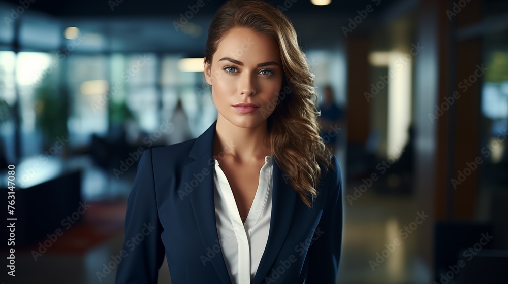 Portrait of a professional woman in a suit standing in a modern office. Young business woman looking at the camera in a workplace meeting area Portrait of a professional woman in a suit standing in a modern office. Young business woman looking at the camera in a workplace meeting area