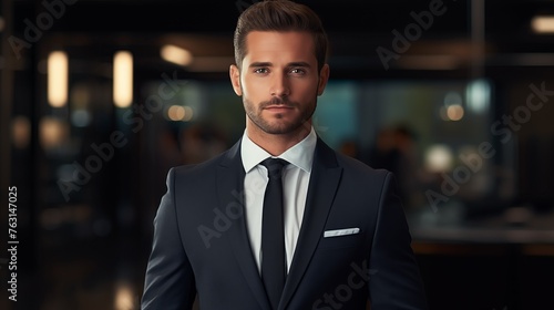 Portrait of a professional man in a suit standing in a modern office. Young business man looking at the camera in a workplace meeting area. © Frank