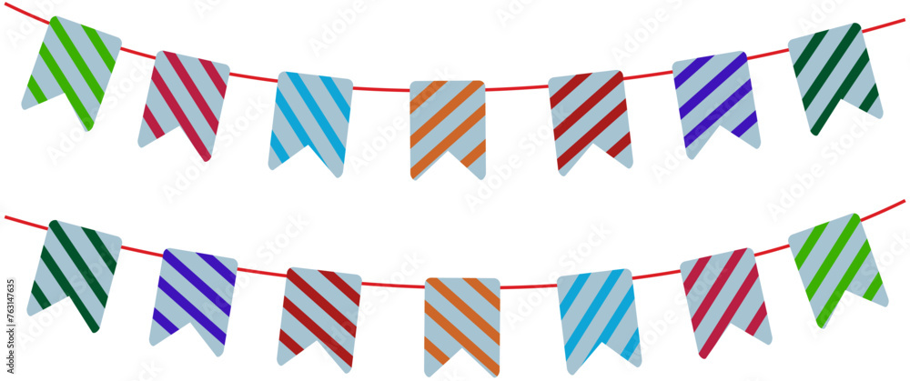 Carnival Garland with flags. Sky and Green buntings garlands. Party surprise decoration. Birthday hanging flags. Cartoon creative design icon