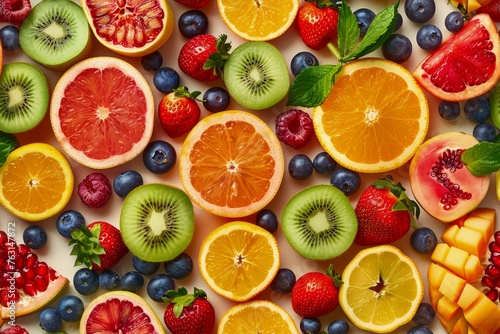 Colorful Assortment of Fresh Fruits Background - Citrus  Berries  and Tropical Slices Top View