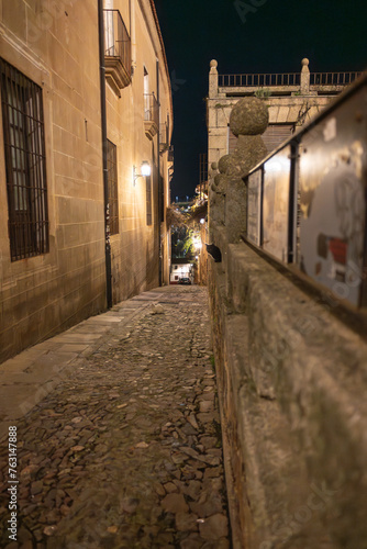 Nighttime stroll through the historic streets of Caceres old town  Spain