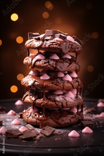 a stack of chocolate cookies with pink frosting © Marin