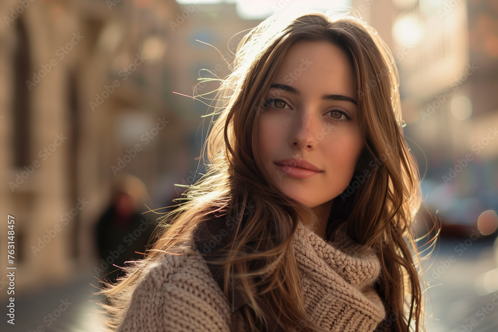 A woman with long brown hair is wearing a sweater and scarf A woman with long brown hair is wearing a sweater and scarf