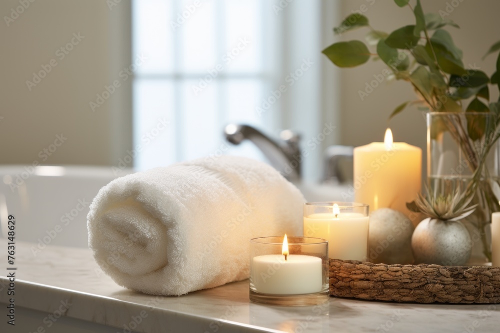 Towels with burning candles on table in bathroom. Space for text Towels with burning candles on table in bathroom. Space for text