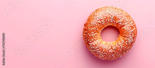 Simit, sesame bagel, close-up, top view, clean background, minimalist, on a smooth pink background