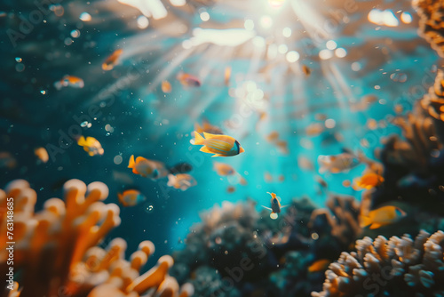 A beautiful coral reef with yellow fish swimming in the water © ALL YOU NEED